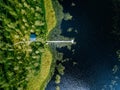 Aerial view of blue lake with green forests in Finland. Wooden house, sauna, boats and fishing pier by the lake Royalty Free Stock Photo