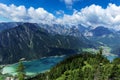 Aerial view of blue mountain lake between forested rocky mountains. Achensee, Austria, Tyrol