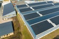 Aerial view of blue photovoltaic solar panels mounted on industrial building roof for producing green ecological Royalty Free Stock Photo