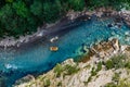 Aerial view of the blue river. Rafting in canyon of river Tara.