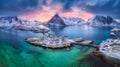 Aerial view of blue sea, snowy mountains, rocks, village