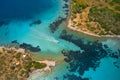 Aerial view of blue sea and speed boat sailing along the mediterranean coast. Landscape of turkish riviera nature Royalty Free Stock Photo