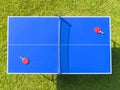 Aerial view blue table tennis or ping pong. Close-up ping-pong net. Close up ping pong net and line. Top view two table tennis or Royalty Free Stock Photo