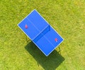 Aerial view blue table tennis or ping pong. Close-up ping-pong net. Close up ping pong net and line. Top view two table tennis or Royalty Free Stock Photo