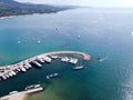 Aerial view on blue water of Gulf of Saint-Tropez and sailboats near Port Grimaud and port Cogolin, French Riviera, Provence, Royalty Free Stock Photo