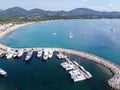 Aerial view on blue water of Gulf of Saint-Tropez and sailboats near Port Grimaud and port Cogolin, French Riviera, Provence, Royalty Free Stock Photo