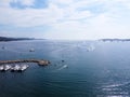 Aerial view on blue water of Gulf of Saint-Tropez and sailboats near Port Grimaud and port Cogolin, French Riviera, Provence, Royalty Free Stock Photo