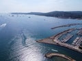 Aerial view on blue water of Gulf of Saint-Tropez and sailboats near Port Grimaud and port Cogolin, French Riviera, Provence, Royalty Free Stock Photo