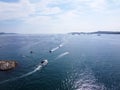 Aerial view on blue water of Gulf of Saint-Tropez and sailboats near Port Grimaud and port Cogolin, French Riviera, Provence, Royalty Free Stock Photo