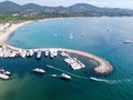 Aerial view on blue water of Gulf of Saint-Tropez and sailboats near Port Grimaud and port Cogolin, French Riviera, Provence, Royalty Free Stock Photo