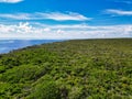 Aerial view from the bluff in Cayman Brac Cayman Islands showing rock structure and lush greenery plants