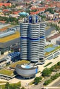 Aerial view of BMW Headquarters BMW-Vierzylinder, BMW Hochhaus and BMW Museum, Munich MÃÂ¼nchen, Bavaria Bayern, Germany Deut