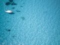 Aerial view of boat and crystal clear blue turquoise sea - Mari pintau body copy - negative space - travel concept