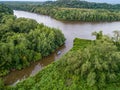 Aerial view of boat in the mangrove Rio Sierpe river in Costa Rica deep inside the jungle