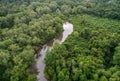 Aerial view of boat in the mangrove Rio Sierpe river in Costa Rica deep inside the jungle