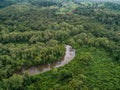Aerial view of boat in the mangrove Rio Sierpe river in Costa Rica deep inside the jungle