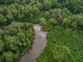 Aerial view of boat in the mangrove Rio Sierpe river in Costa Rica deep inside the jungle