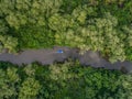 Aerial view of boat in the mangrove Rio Sierpe river in Costa Rica deep inside the jungle