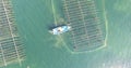 Aerial view of a boat in an oyster field