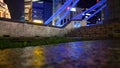 Aerial view of Boat Quay and Singapore skyline from Cavenagh Bridge at night Royalty Free Stock Photo