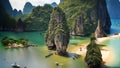 Bird's eye view of boats and seascapes, islands, mountains, green, beautiful, morning atmosphere.