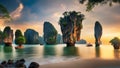 Bird's eye view of boats and seascapes, islands, mountains, green, beautiful, morning atmosphere.