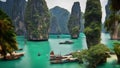 Bird's eye view of boat and seascapes, islands, mountains, green, beautiful, morning atmosphere.