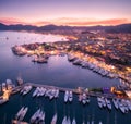 Aerial view of boats and beautiful city at night in Marmaris, Tu Royalty Free Stock Photo