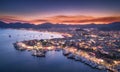 Aerial view of boats and beautiful city at night in Marmaris Royalty Free Stock Photo