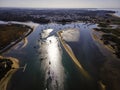 Aerial view of boats docked in Ribeira de Odiaxere lagoon near Alvor, Algarve region, Portugal Royalty Free Stock Photo