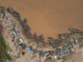 Aerial view of boats engaged in sand extraction in Sunamganj, Sylhet, Bangladesh Royalty Free Stock Photo