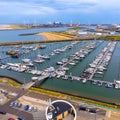 Aerial view of boats moored onto the harbor in Ijmuiden, Netherlands Royalty Free Stock Photo