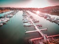 Aerial view of boats moored at Safety Beach Marina at sunset. Me Royalty Free Stock Photo