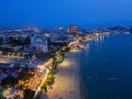 Aerial view of boats in Pattaya sea, beach at night, and urban city with blue sky for travel background. Chon buri Province, Royalty Free Stock Photo