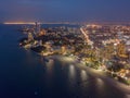 Aerial view of boats in Pattaya sea, beach at night, and urban city with blue sky for travel background. Chon buri Province, Royalty Free Stock Photo