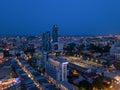 Aerial view of boats in Pattaya sea, beach at night, and urban city with blue sky for travel background. Chon buri Province, Royalty Free Stock Photo