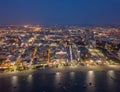 Aerial view of boats in Pattaya sea, beach at night, and urban city with blue sky for travel background. Chon buri Province, Royalty Free Stock Photo