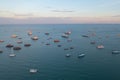 Aerial view of boats in Pattaya sea, beach with sunset sky for travel background. Chonburi, Thailand Royalty Free Stock Photo