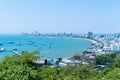 Aerial view of boats in Pattaya sea, beach, and urban city with blue sky for travel background. Chonburi, Thailand Royalty Free Stock Photo