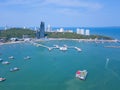 Aerial view of boats in Pattaya sea, beach, and urban city with blue sky for travel background. Chonburi, Thailand Royalty Free Stock Photo