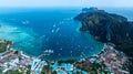 Aerial view boats on Phi Phi island Thailand, Tropical island with resorts, Phi Phi island, Krabi Province, Thailand