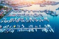 Aerial view of boats, sailboats, yachts at sunset Royalty Free Stock Photo