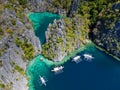 Aerial view of boats at Twin Lagoon, Coron Island, Philippines Royalty Free Stock Photo