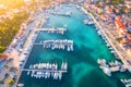 Aerial view of boats and yachts in port in old city at sunset Royalty Free Stock Photo