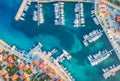 Aerial view of boats and yachts in port in old city at sunset Royalty Free Stock Photo