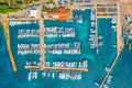 Aerial view of boats and yachts in port in old city at sunset Royalty Free Stock Photo