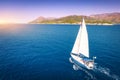 Aerial view of boats and yachts on tropical sea coast in summer Royalty Free Stock Photo