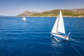 Aerial view of boats and yachts on tropical sea coast in summer Royalty Free Stock Photo