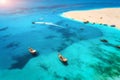 Aerial view of boats and yachts on tropical sea coast in summer Royalty Free Stock Photo