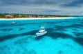 Aerial view of boats and yachts on tropical sea coast in summer Royalty Free Stock Photo